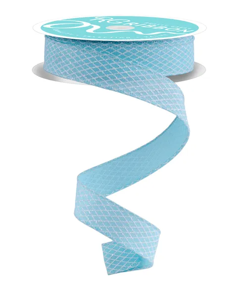A roll of turquoise-colored ribbon with a white label on top, featuring a spiral pattern.