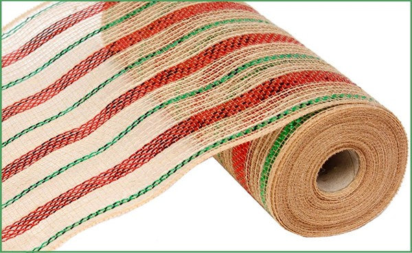 a roll of red and green striped fabric
