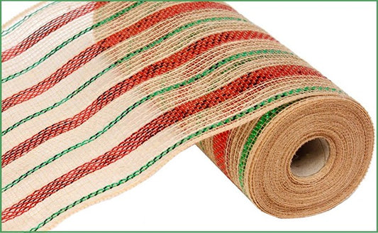a roll of red and green striped fabric