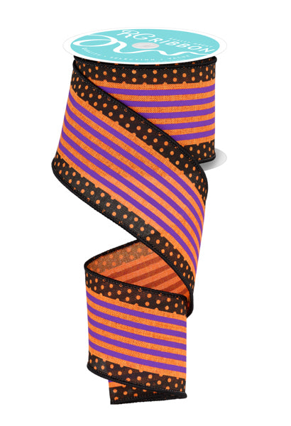 2.5" X 10Yd Wired Ribbon-Vertical Stripe/Polka Dot Edge-Orange/Purple/Black-RGF139820