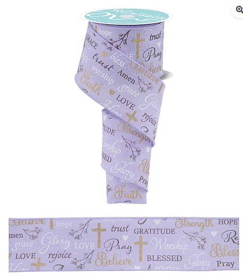 a purple ribbon with the word "Hope" printed on it, along with other words such as "Faith", "Love", "Gratitude", "Belief", "Worship", "Pray", "Blessed", and "Rejoicing". The ribbon is displayed on a white background, and there is a matching ribbon holder below it.