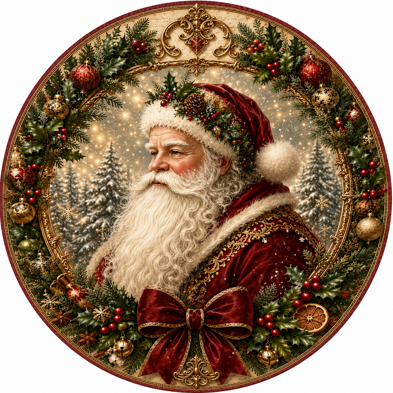 Santa Claus in a wreath, surrounded by Christmas decorations and trees.