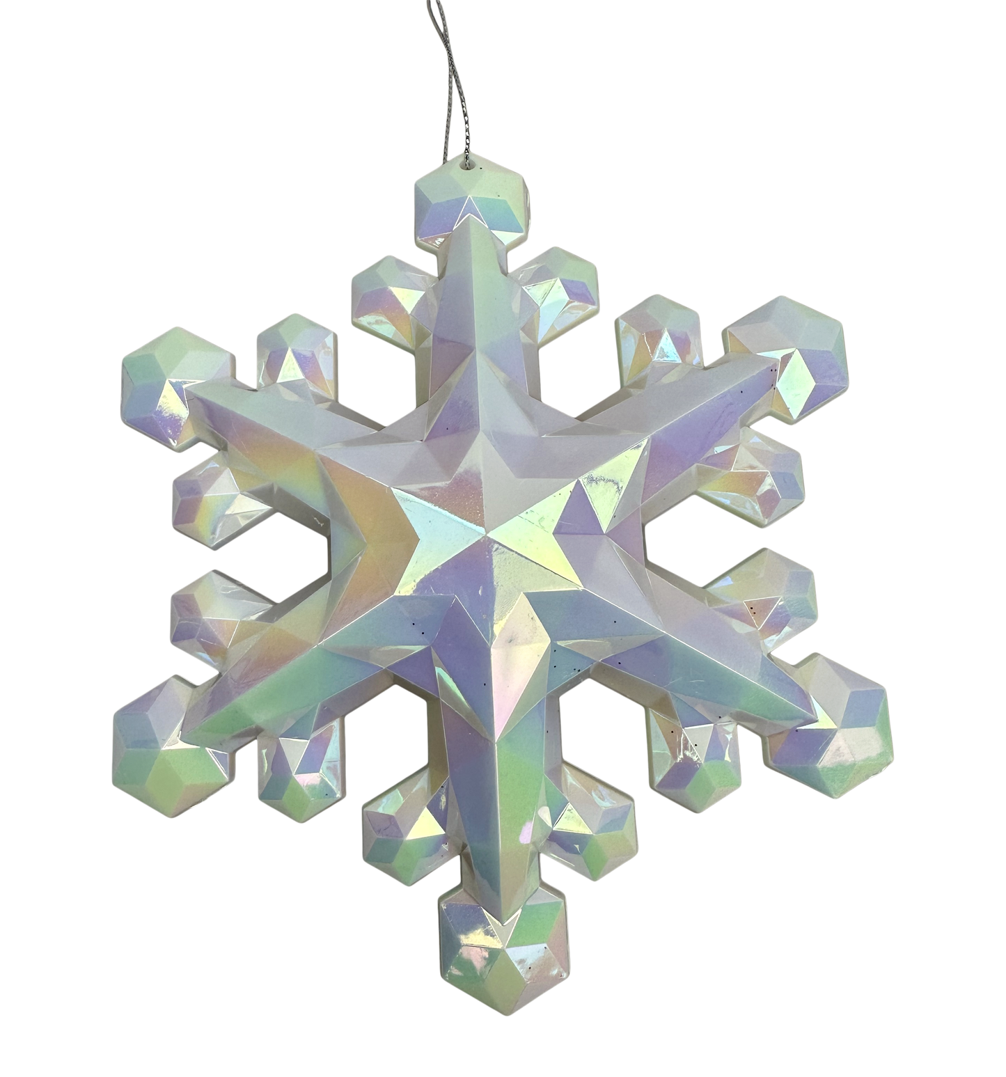 A decorative snowflake ornament made of small, iridescent crystals or stones, hanging against a gray background.