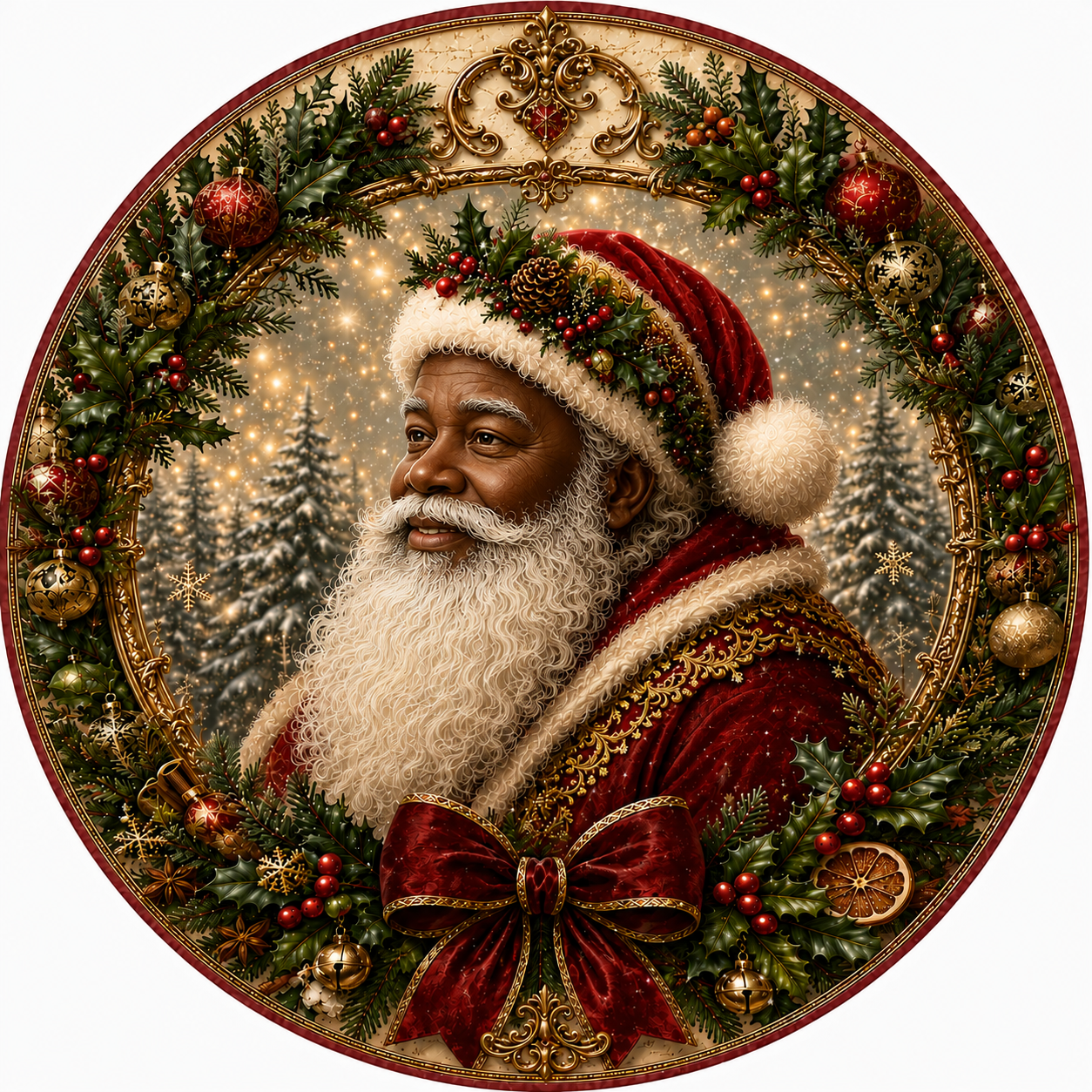 Santa Claus in a wreath, surrounded by Christmas decorations and ornaments.