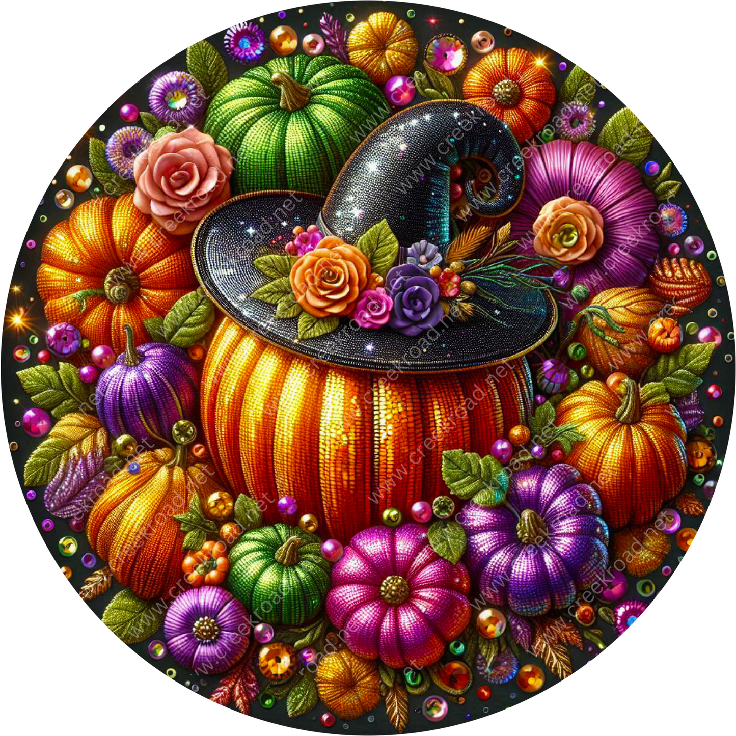 a painting of a witch's hat surrounded by pumpkins and flowers