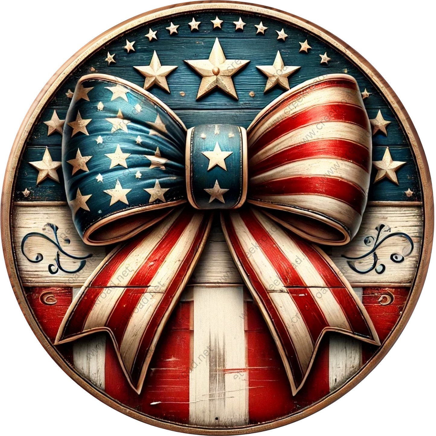 an american flag bow on a wooden plaque