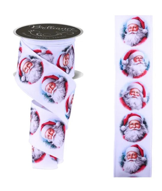 a roll of ribbon with a repeating pattern of Santa Claus faces on it.