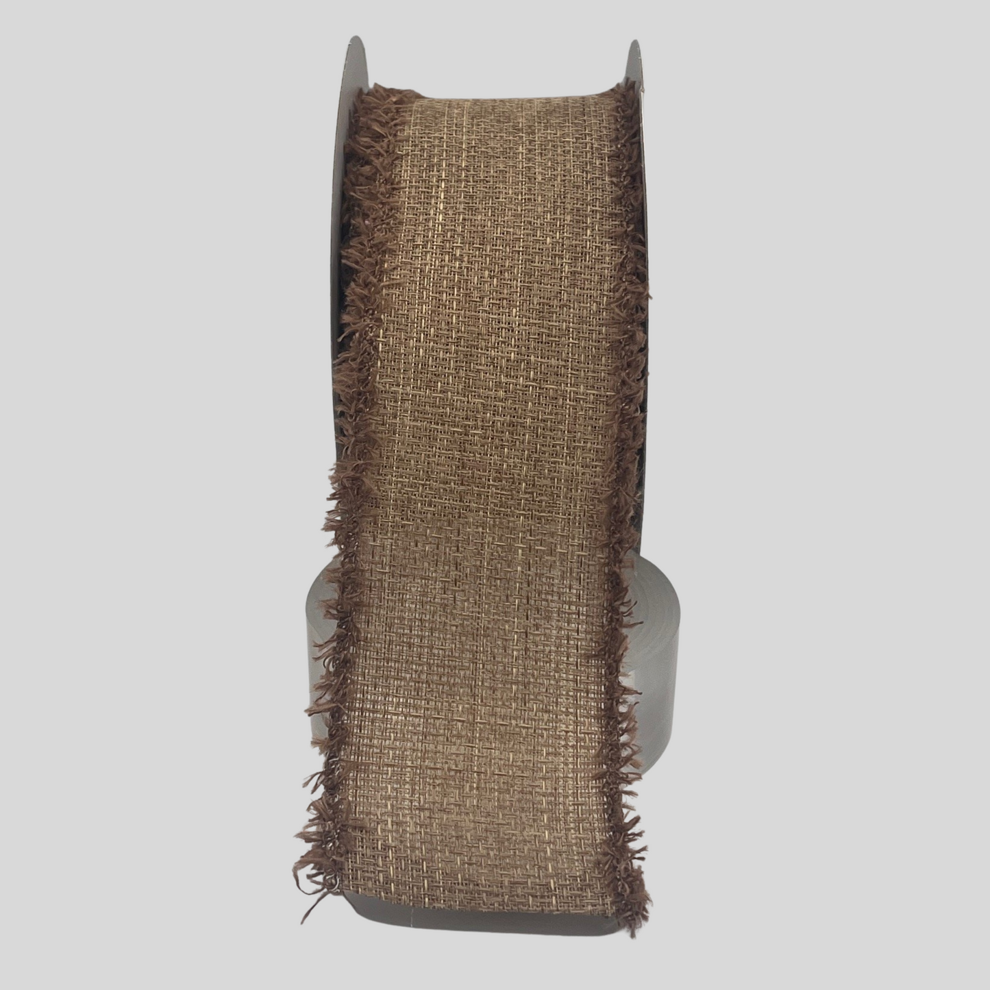 A roll of burlap ribbon with a fringed edge, displayed against a plain background.