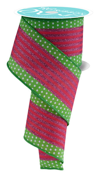 a green and pink ribbon with polka dots