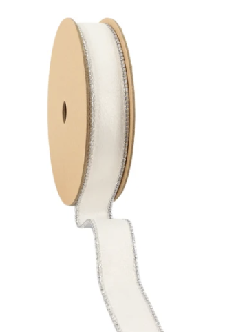 A roll of white ribbon with a silver trim is shown against a white background.