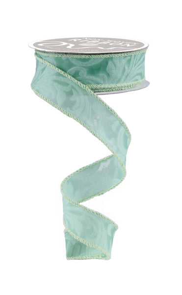 A turquoise ribbon with a floral pattern is shown against a white background.