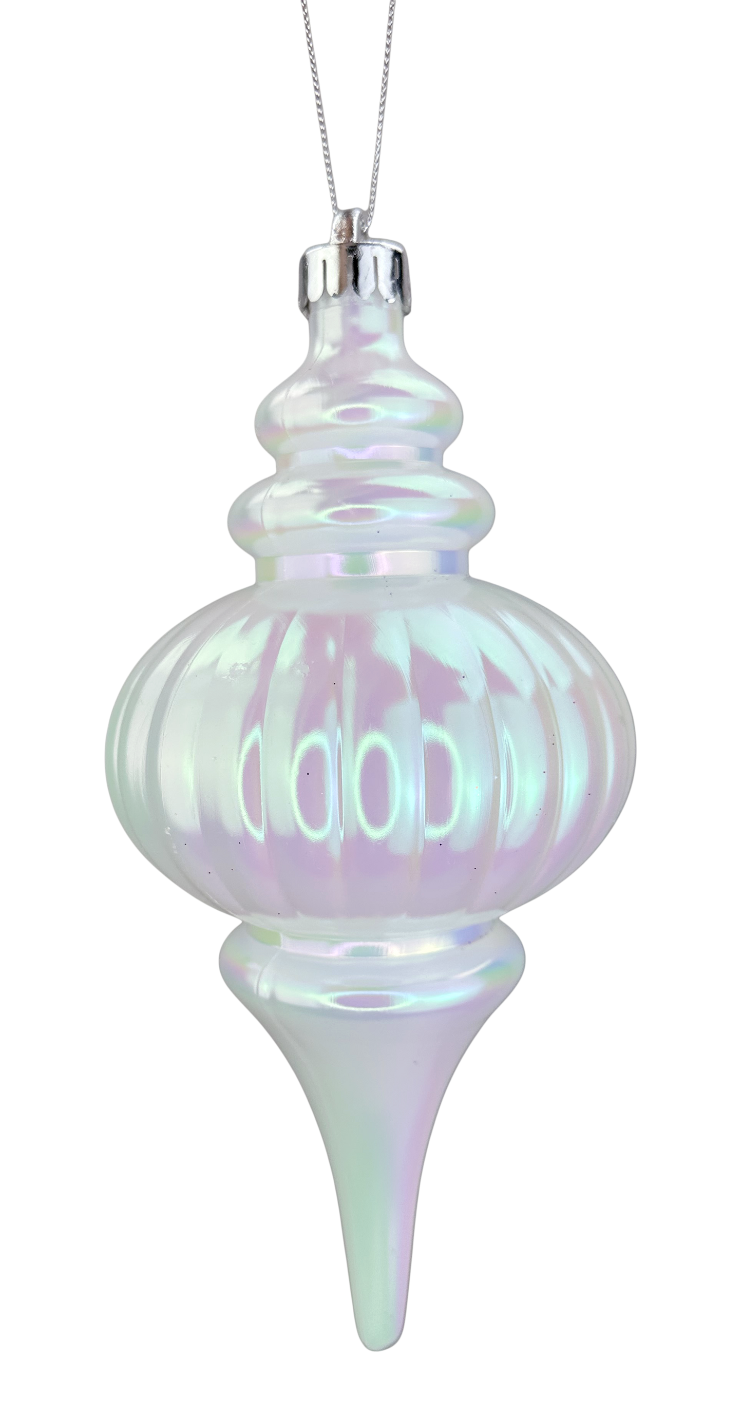 A decorative glass ornament with a pointed finial and a round body, hanging from a string.