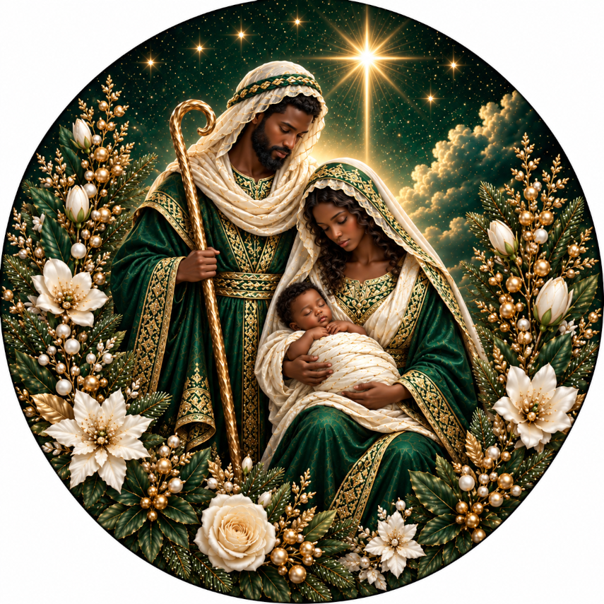 a religious scene with a family of three, likely representing the Holy Family, surrounded by flowers and a starry night sky.