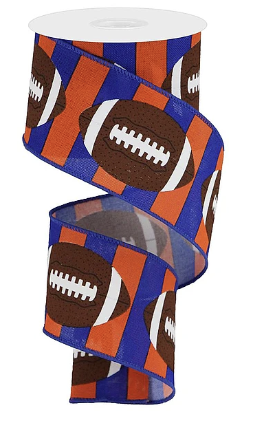 A roll of ribbon with a repeating pattern of a football on it, featuring a combination of blue, orange, and white colors.