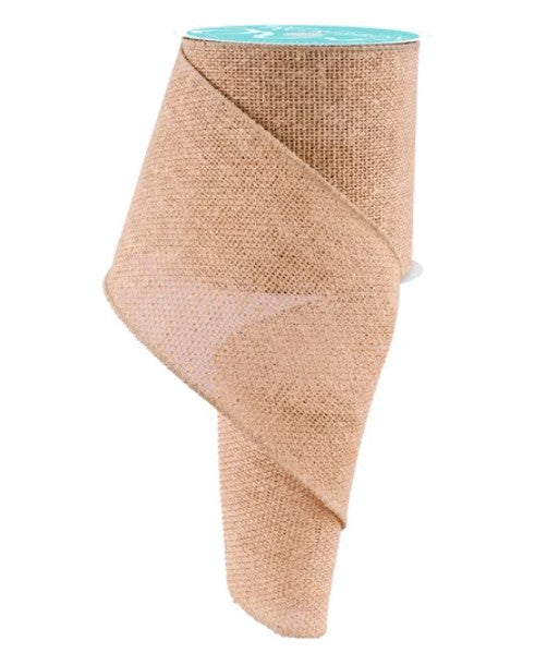 a burlap ribbon with a light brown color and a turquoise top.