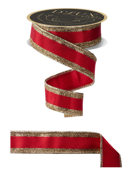 a red and gold ribbon with a metallic glitter trim.