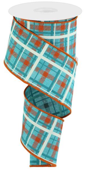 a roll of blue and orange plaid ribbon