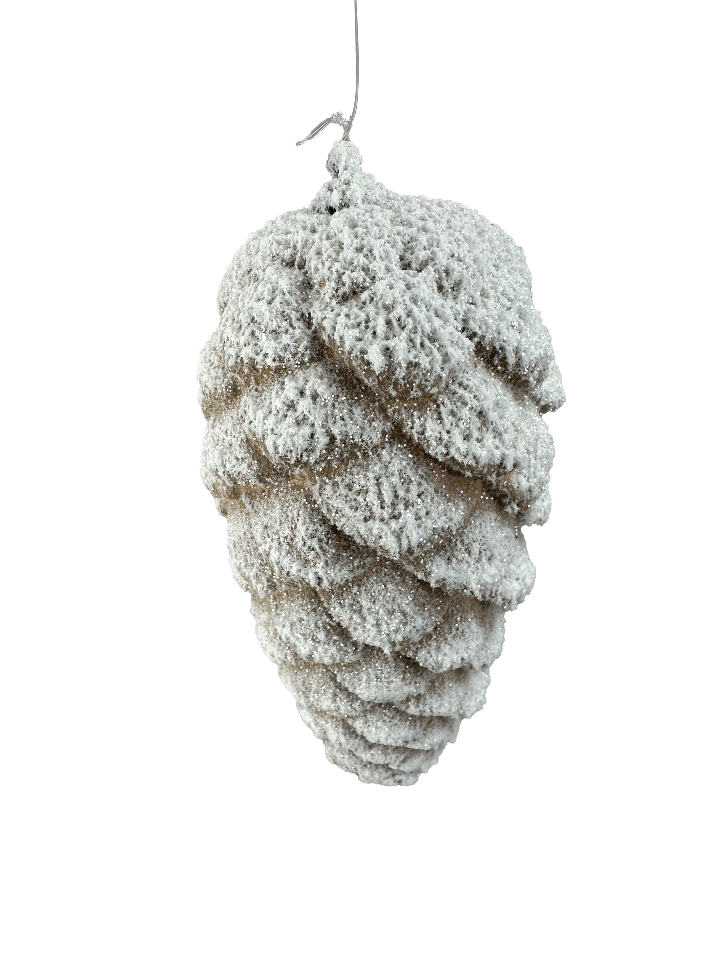 A close-up of a snow-covered pine cone, with its intricate and textured surface covered in a layer of white snow.