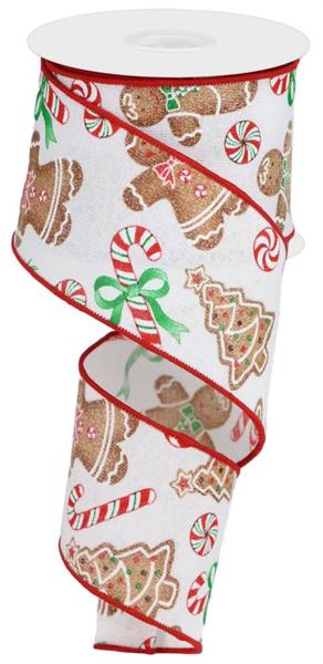 a roll of christmas ribbon with gingerbreads and candy canes on it