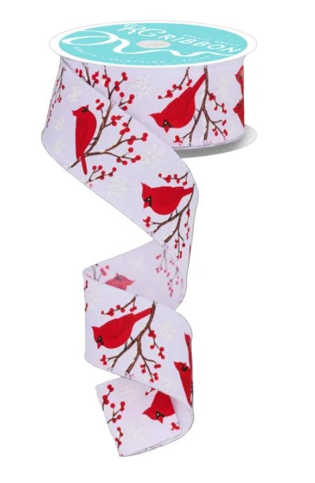A ribbon with a repeating pattern of red birds perched on branches with white snowflakes.