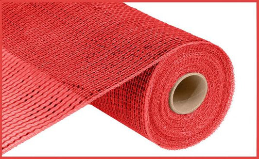 A roll of red mesh material with a brown cardboard tube at the end.