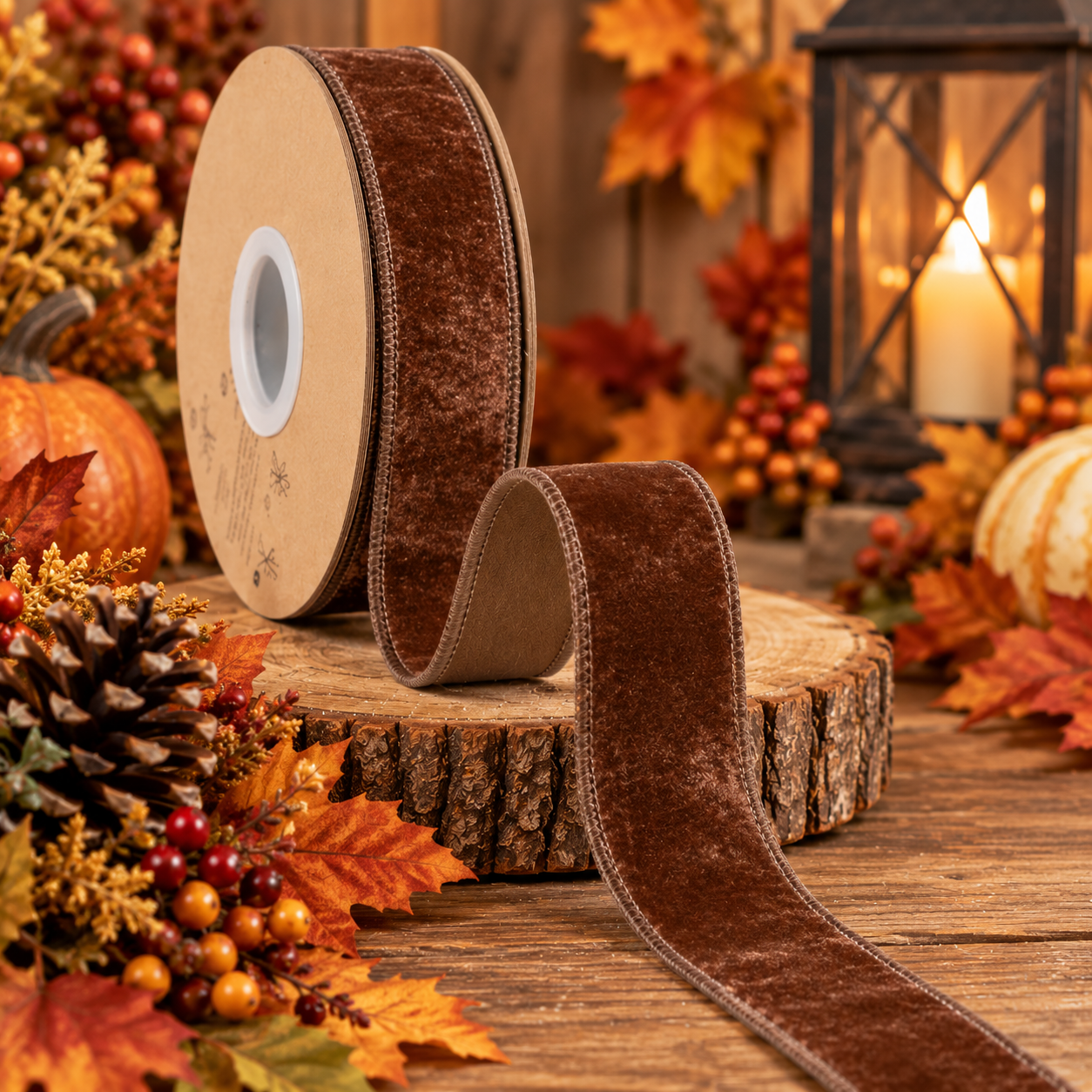a brown velvet ribbon, a lantern, and autumn decorations such as leaves and berries, all arranged on a wooden surface.