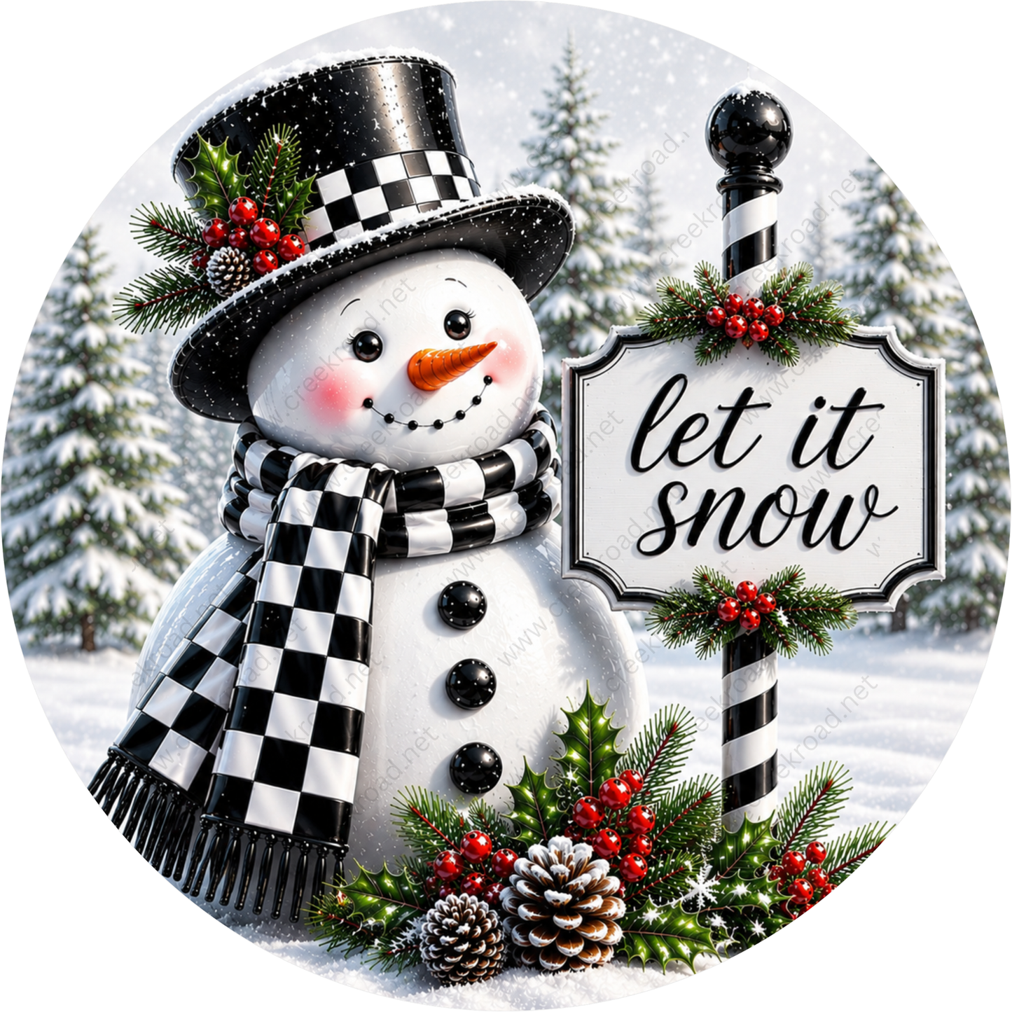 A snowman wearing a top hat and scarf, with a sign that says "let it snow" in front of it, surrounded by pine trees and berries.