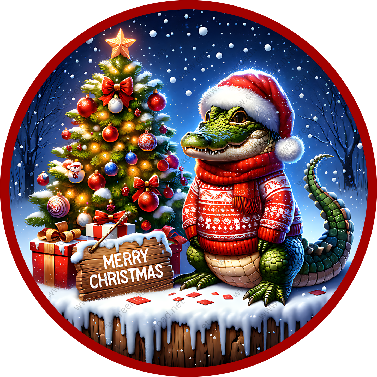 A whimsical illustration depicting a green alligator wearing a Santa hat and scarf, sitting next to a Christmas tree decorated with ornaments and a "Merry Christmas" sign.