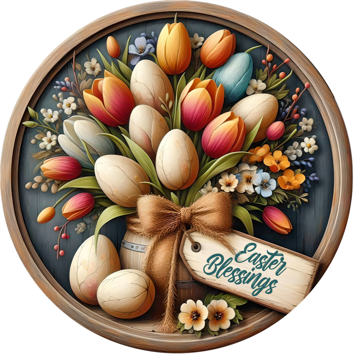 a painting of a bouquet of flowers and eggs