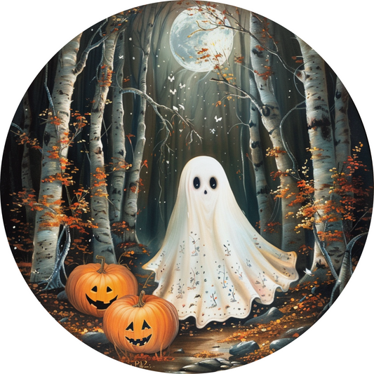 a painting of a ghost and two pumpkins