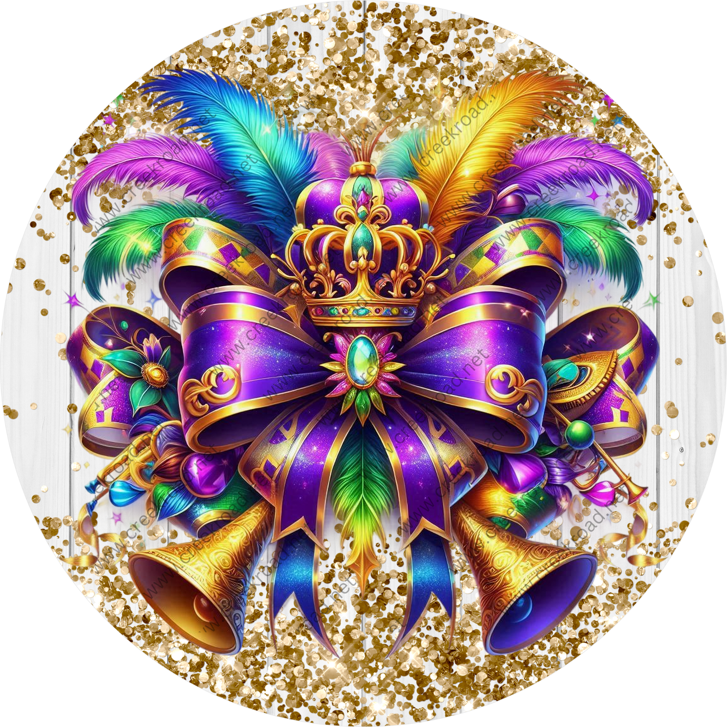 The image is a vibrant and colorful illustration featuring a large, ornate crown, a purple ribbon, and a variety of feathers and bells, all set against a background of gold glitter.