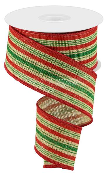 a roll of red and green striped ribbon