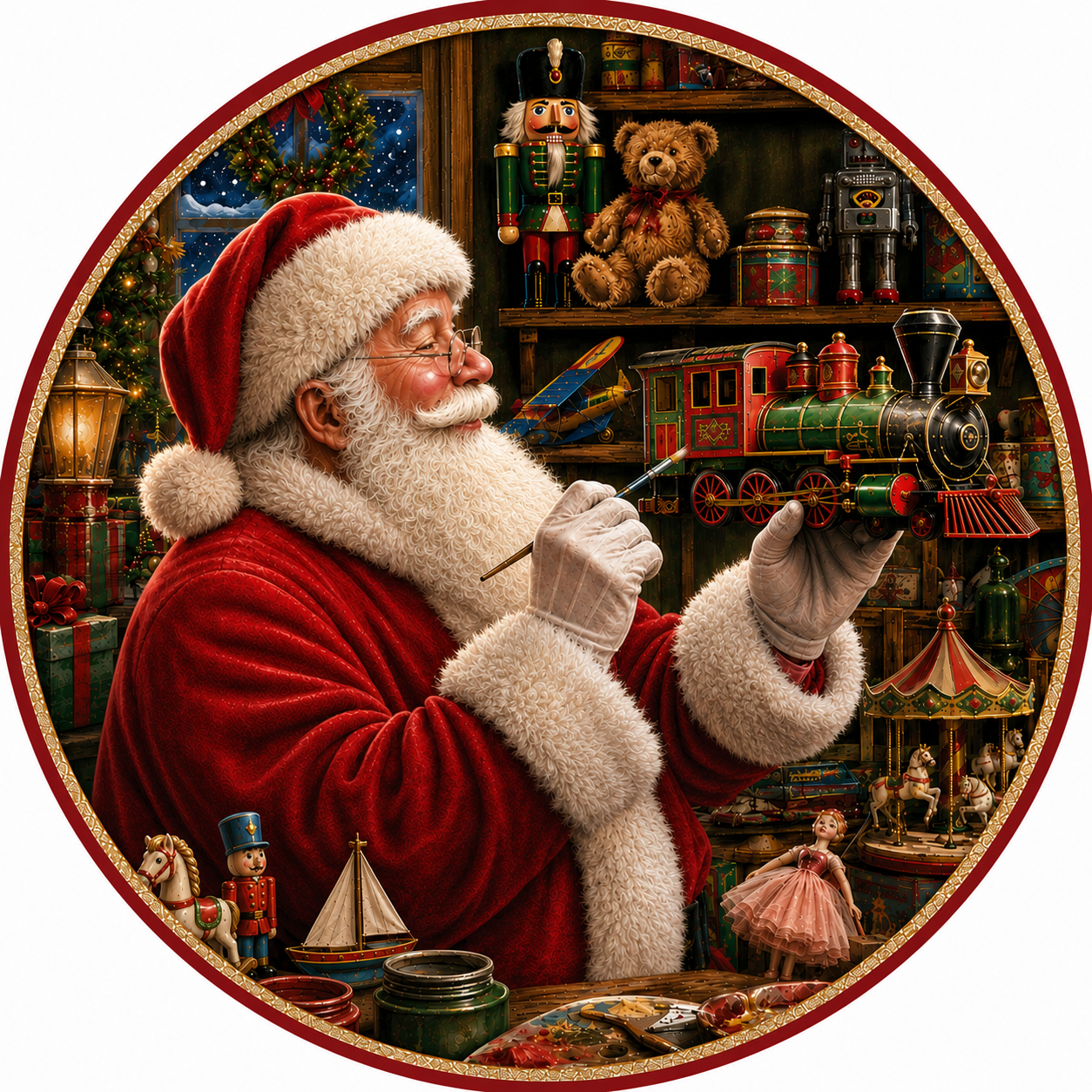 Santa Claus sitting in a room surrounded by various Christmas toys and decorations, including a train, teddy bears, and other holiday items.
