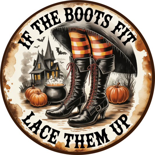 A round metal sign with a Halloween theme, featuring a witch's legs wearing black boots, a cauldron, pumpkins, and a castle in the background.