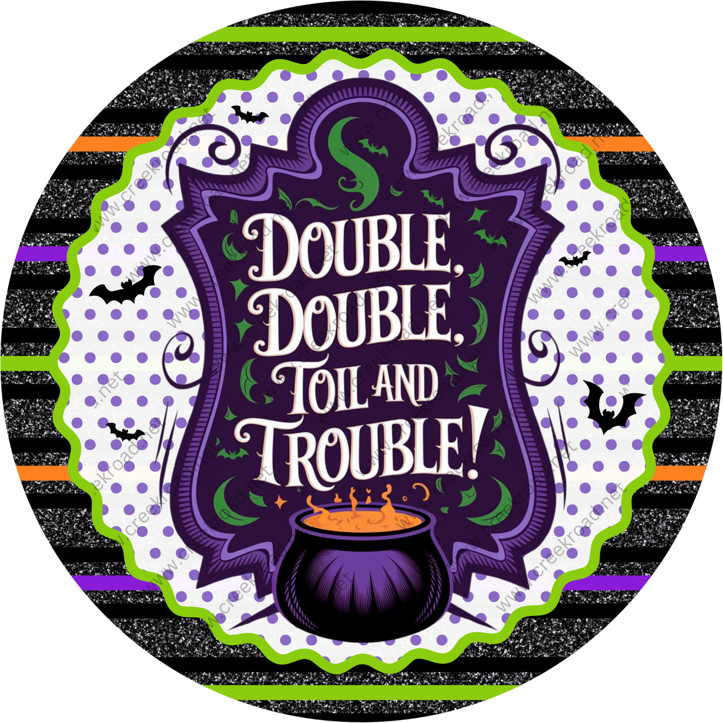 a Halloween-themed design with a pot of gold at the center, surrounded by bats and a decorative border. The text "Double, Double, Toil and Trouble!" is prominently displayed in the center of the image.