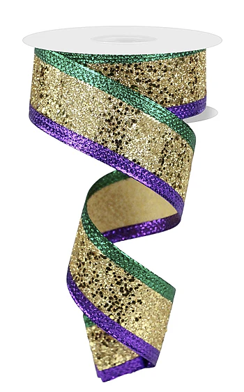 A spiral ribbon with a glittery gold and purple pattern.