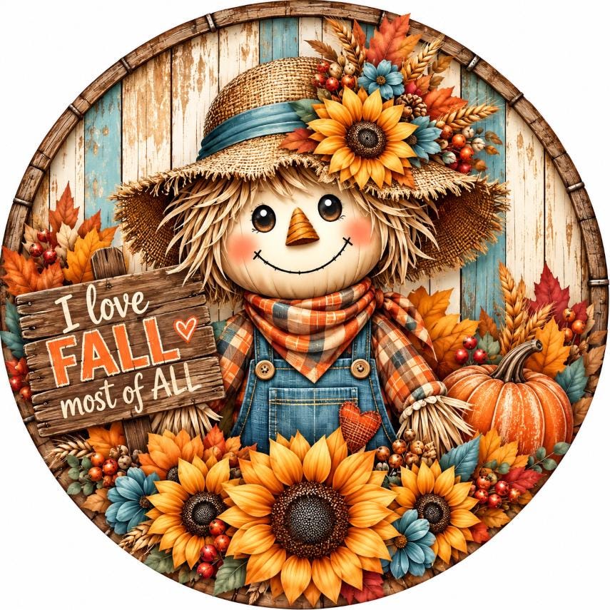 A cheerful scarecrow figure surrounded by autumn decorations, including sunflowers, pumpkins, and a sign that says "I love fall most of all".