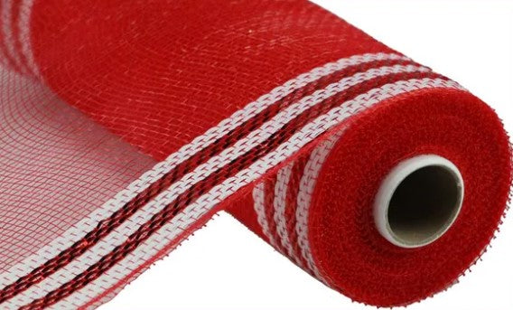 A roll of red and white mesh material.