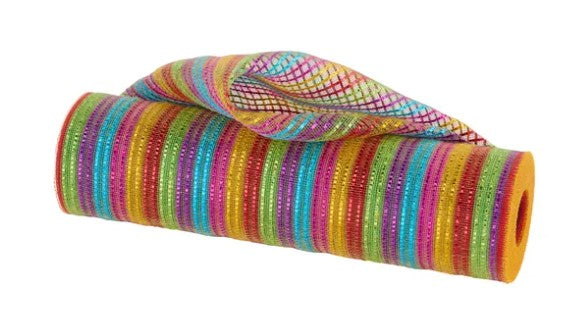 A roll of multicolored, striped mesh material.