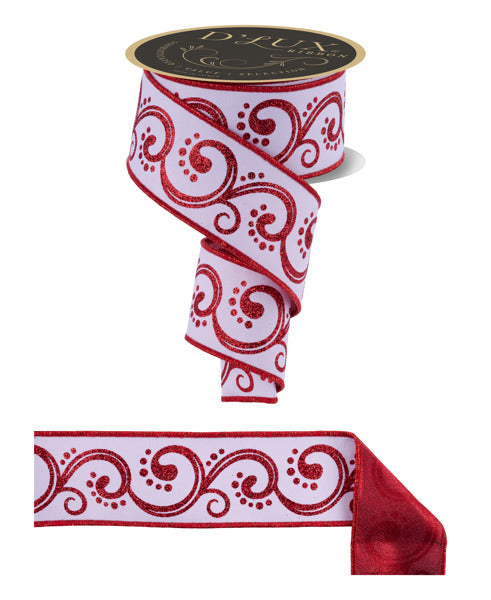a red and white ribbon with swirls on it