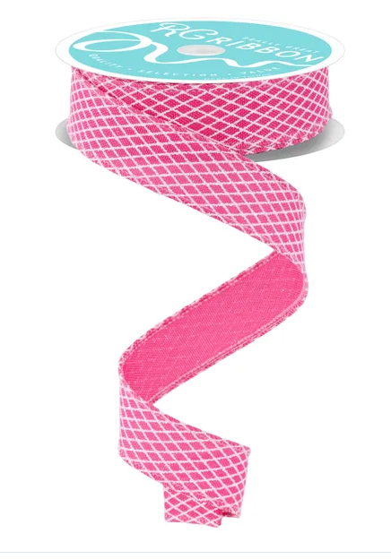 A roll of pink and white checkered ribbon with a turquoise label.