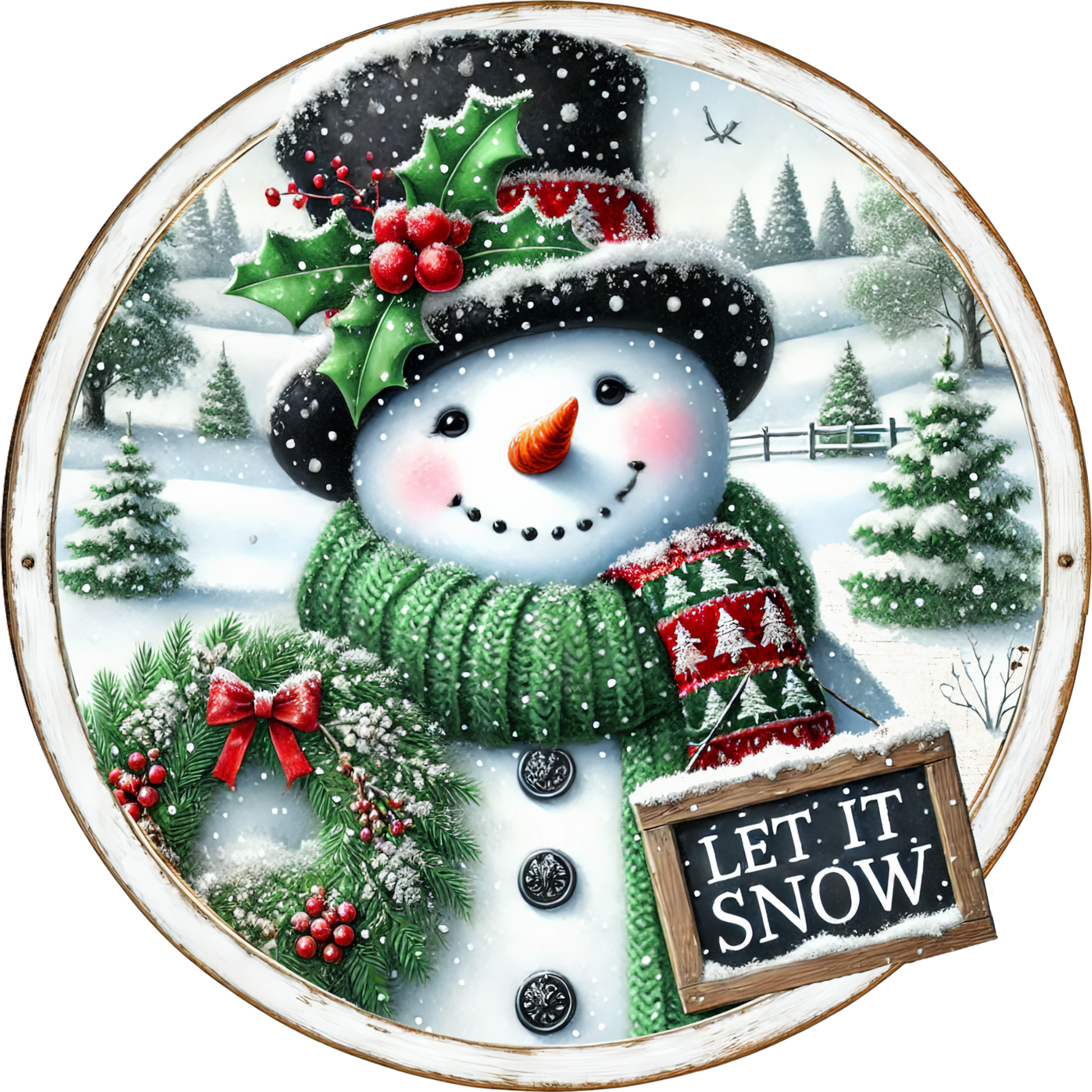 a snowman with a hat, scarf and scarf around his neck