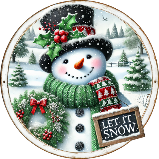 a snowman with a hat, scarf and scarf around his neck