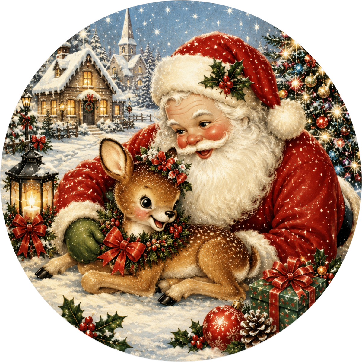 Santa Claus holding a deer in front of a snowy village with Christmas decorations, including a Christmas tree, lantern, and presents.