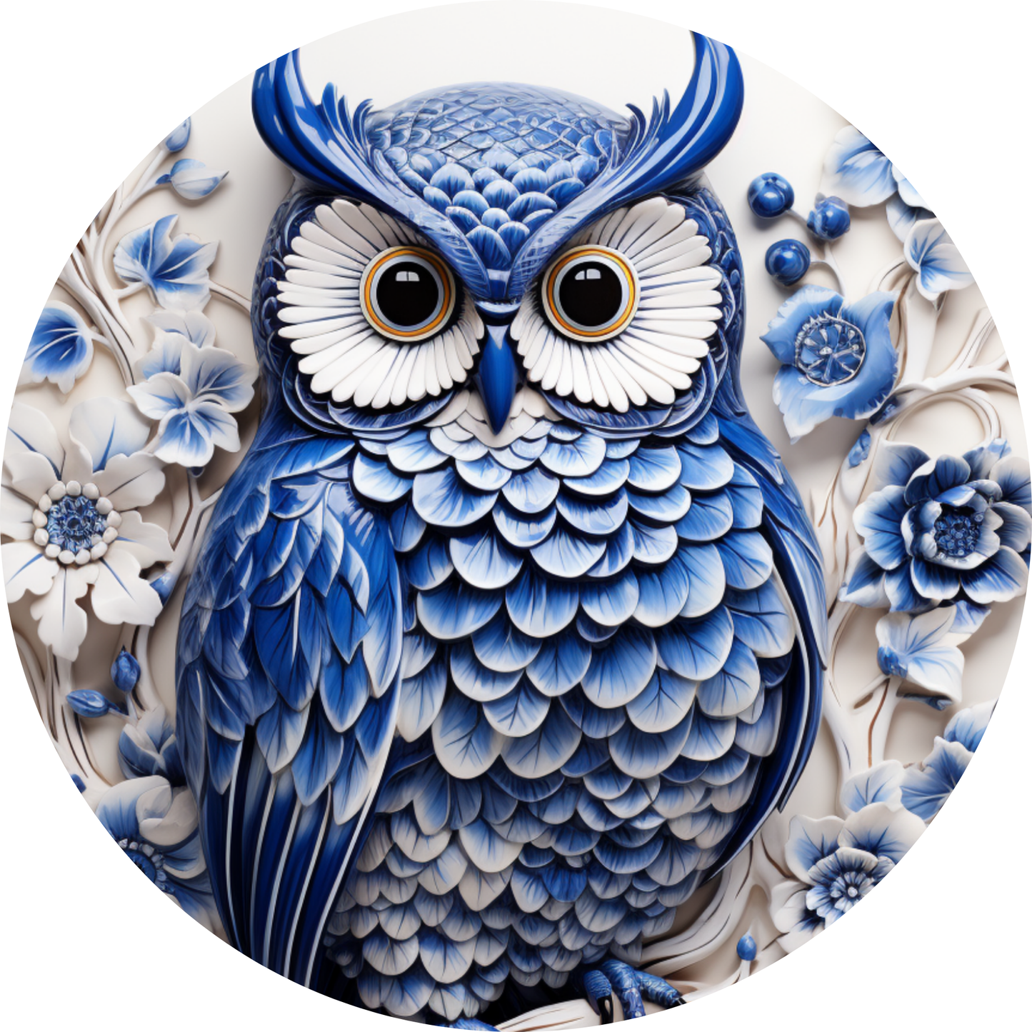 a blue and white owl sitting on top of a white plate