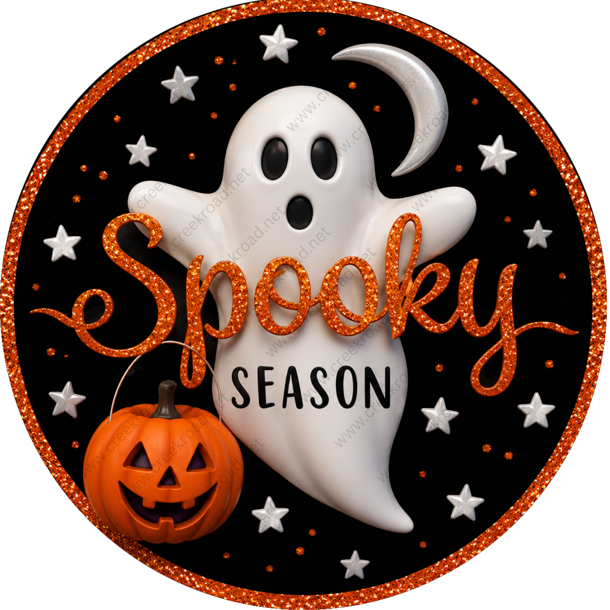 A spooky ghost with a carved pumpkin and the text