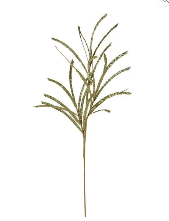 A single, thin, green leaf-like object with a long stem, resembling a plant or a branch.