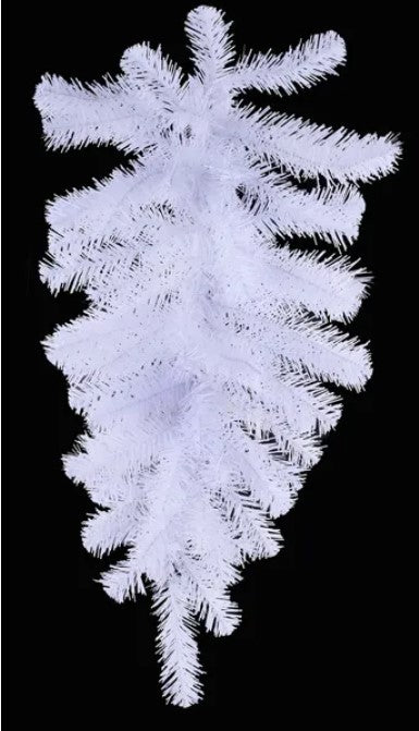 A close-up view of a white, fluffy, and feathery tree branch against a black background.