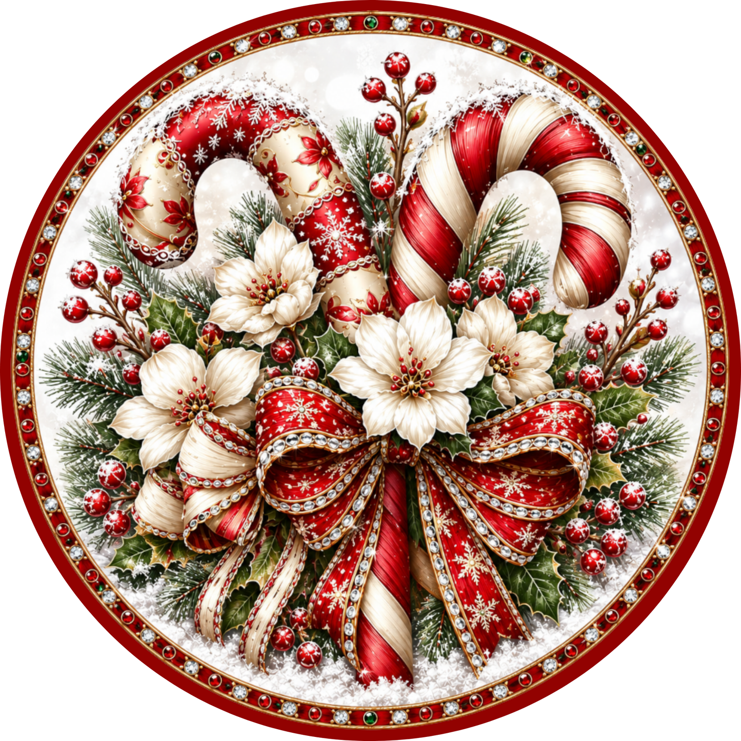 A festive Christmas wreath with candy canes, white flowers, and red and gold ribbons.