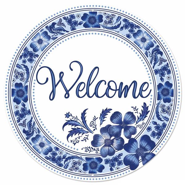 a blue and white plate with a welcome sign